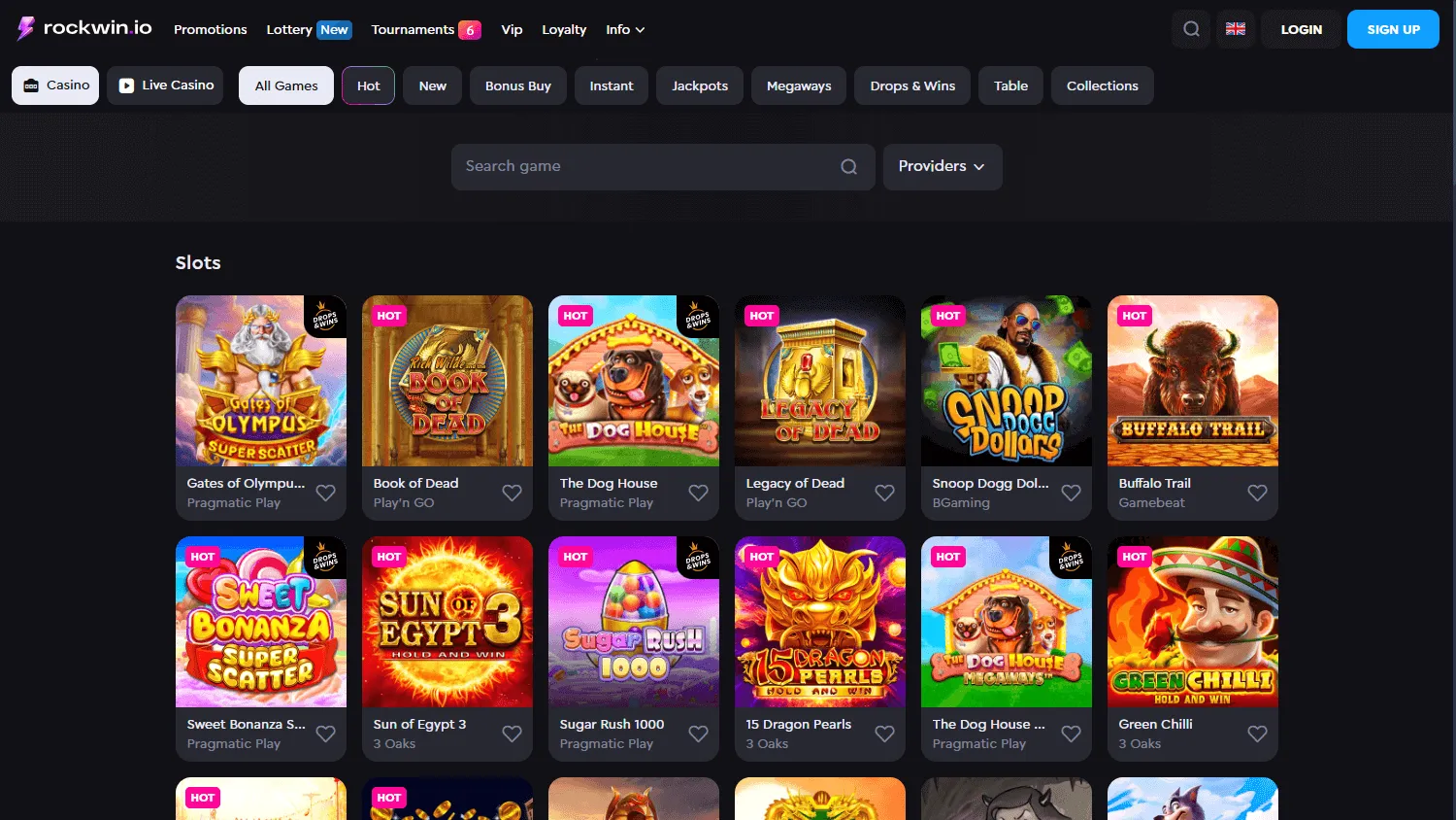 Rockwin Casino games interface on desktop
