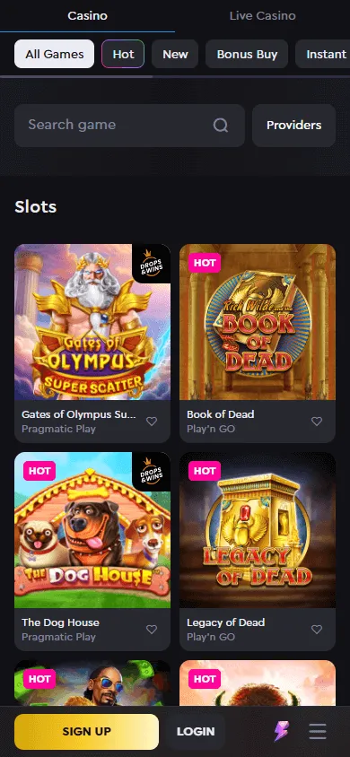Rockwin Casino games interface on a mobile phone