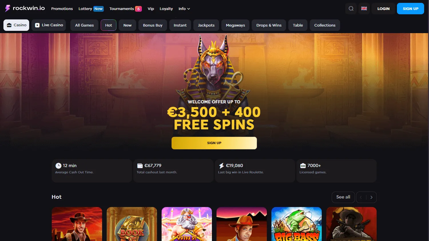 Rockwin Casino home interface on desktop