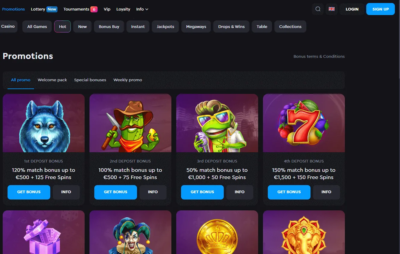 Rockwin Casino promotions interface on desktop